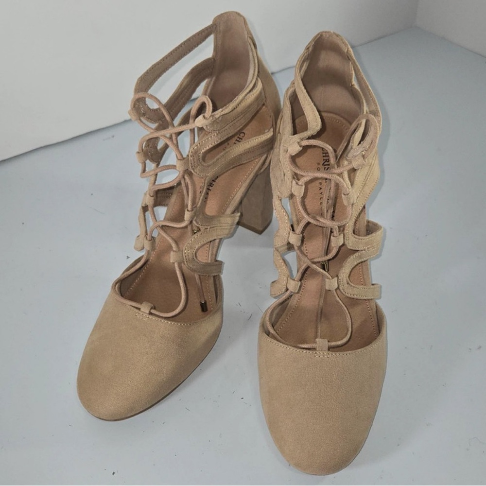 Christian Siriano Beige Lace-Up Block Heels
